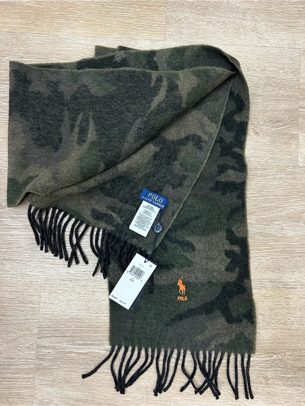 Polo Ralph Lauren Camo Wool Blend Jacquard Scarf Men Olive Camo/Orange